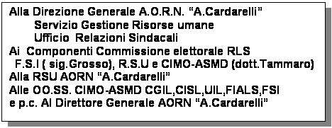 Text Box: Alla Direzione Generale A.O.R.N. “A.Cardarelli”
        Servizio Gestione Risorse umane 
        Ufficio  Relazioni Sindacali
Ai  Componenti Commissione elettorale RLS
  F.S.I ( sig.Grosso), R.S.U e CIMO-ASMD (dott.Tammaro)
Alla RSU AORN “A.Cardarelli”
Alle OO.SS. CIMO-ASMD CGIL,CISL,UIL,FIALS,FSI
e p.c. Al Direttore Generale AORN “A.Cardarelli”   

