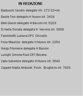 Casella di testo: IN REDAZIONEBalducchi Sandro delegato HV. 173 32+intBasile Tino delegato H Nuovo int. 3424Belli Gianni delegato H Bassini int. 5203 Di Nella Donata delegata H  Vecchio int. 3869Facchinetti Luciana CPS  CiniselloFroio Maurizio  delegato H Nuovo int. 2254Gregu Filomena delegata H BassiniLuraghi Simone Raul CRT BesanaZallu Salvatore delegato H Nuovo int. 3548Zapperi Nadia Ambulat. Psich.  Brugherio int. 7804