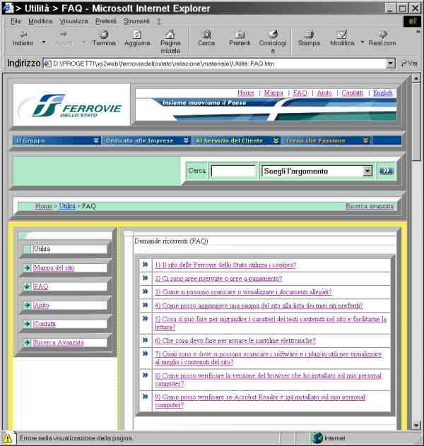 Schermata di IE che evidenzia la struttura di lay-out a tabelle della sezione Faq