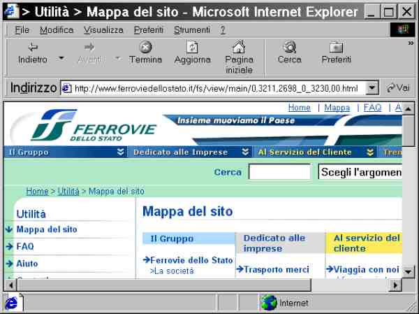 Schermata di IE che evidenzia la struttura di lay-out a tabelle della mappa del sito a risoluzione 640 per 480 px