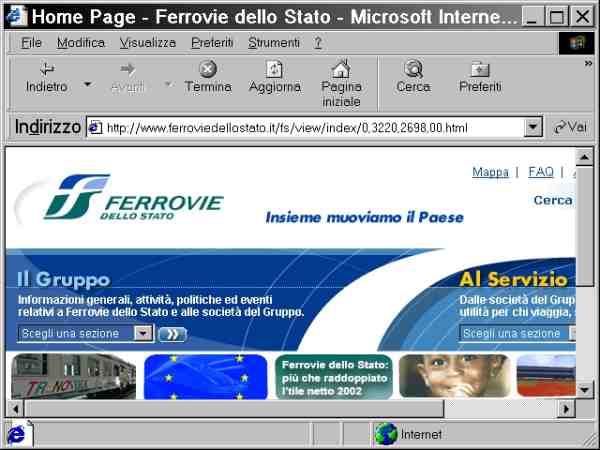 Schermata di IE che evidenzia la struttura di lay-out a tabelle dell'Home Page del sito a risoluzione 640 per 480 px