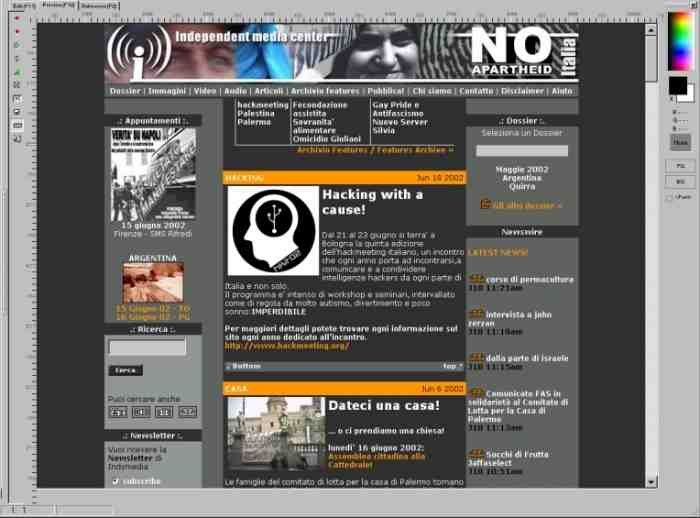 Schermata di Italy.indymedia.org vista con una risoluzione video di 1024x768 px