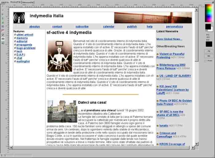 Schermata del modello proposto da xs2web di Italy.indymedia.org vista con una risoluzione video di 1024x768 px