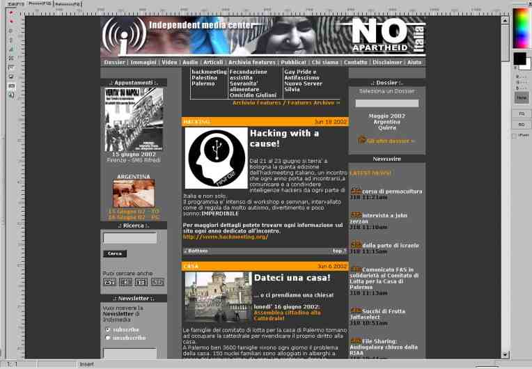 Schermata di Italy.indymedia.org vista con una risoluzione video di 1280x1024 px