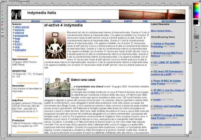 Schermata del modello proposto da xs2web di Italy.indymedia.org vista con una risoluzione video di 1280x1024 px