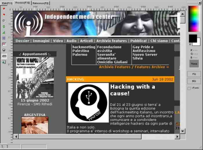 Schermata di Italy.indymedia.org vista con una risoluzione video di 640x480 px