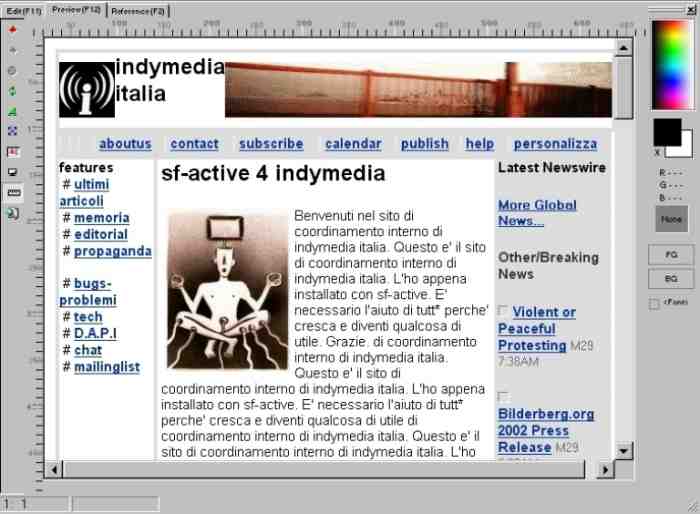 Schermata del modello proposto da xs2web di Italy.indymedia.org vista con una risoluzione video di 640x480 px