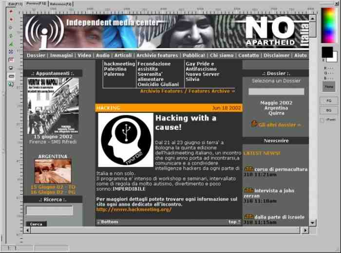 Schermata di Italy.indymedia.org vista con una risoluzione video di 800x600 px