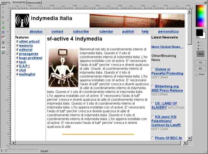 Schermata del modello proposto da xs2web di Italy.indymedia.org vista con una risoluzione video di 800x600 px