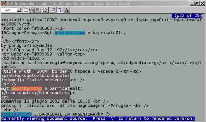 Schermata che mostra un uso improrpio del tag blockquote in Italy.indymedia.org