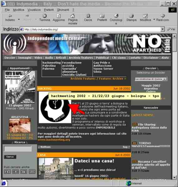 Schermata che mostra un errore nel tag a in Italy.indymedia.org