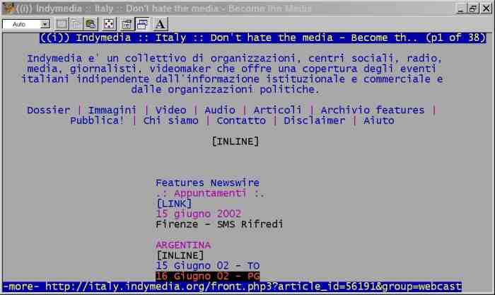 Schermata dei menu' di navigazione di Italy.indymedia.org vista in modalita' testuale con Lynx 2.8