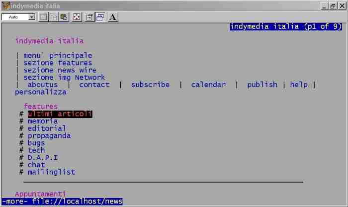 Schermata dei menu' di navigazione del modello proposto da xs2web di Italy.indymedia.org vista in modalita' testuale con Lynx 2.8