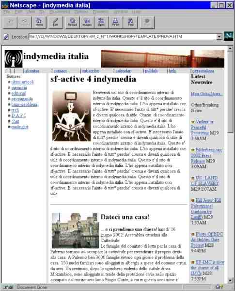 Schermata del modello proposto da xs2web di Italy.indymedia.org vista senza supporto per i css: Browser Netscape 3.0
