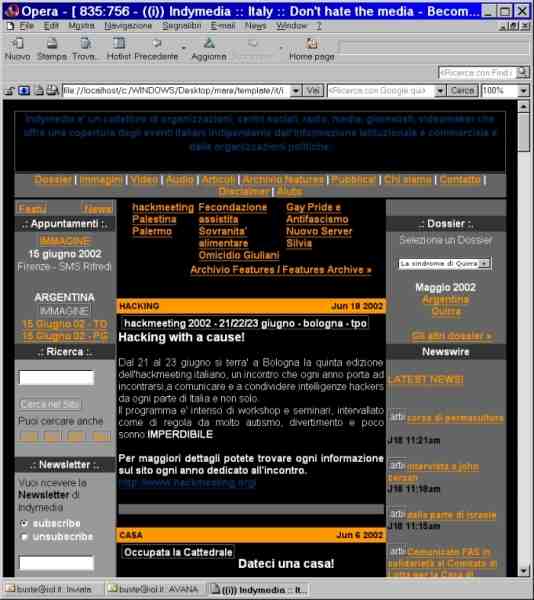 Schermata di Italy.indymedia.org vista senza download delle immagini: Browser Opera 5.0