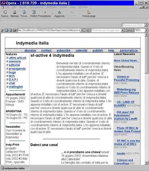 Schermata del modello proposto da xs2web di Italy.indymedia.org vista senza download delle immagini: Browser Opera 5.0