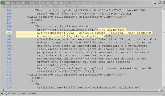 Schermata del codice di Italy.indymedia.org vista con Amaya 5.1 che mostra la codifica del tag img, senza atributi width e height