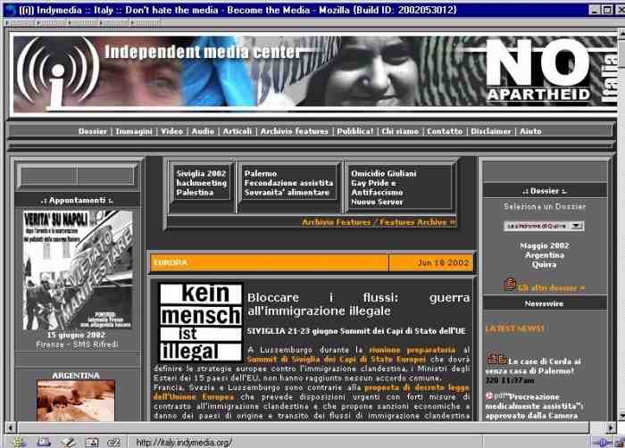 Schermata di Italy.indymedia.org vista con l'attributo border del tag table impostato a 5: browser Mozilla