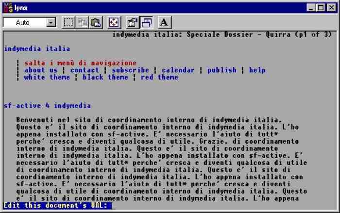 Schermata del modello proposto da xs2web di Italy.indymedia.org vista in modalita' testuale con Lynx che mostra il title di pagina