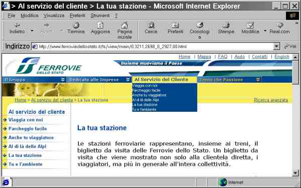   Schermata di IE che mostra il menù a tendina "Al Servizio del Cliente" in cui si noto la scomparsa del form "Cerca" 