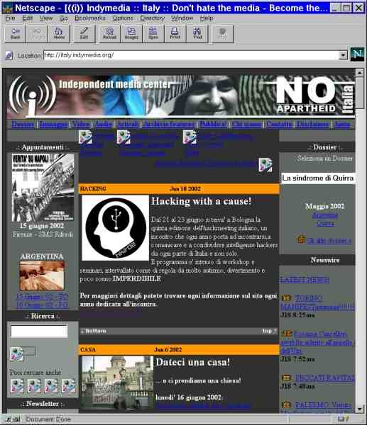 Schermatadi Italy.indymedia.org vista senza supporto per le immagini PNG: Browser Netscae 3.0